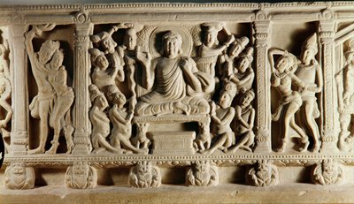 Relief depicting seated Buddha preaching surrounded by worshippers, Mathura School by Indian School